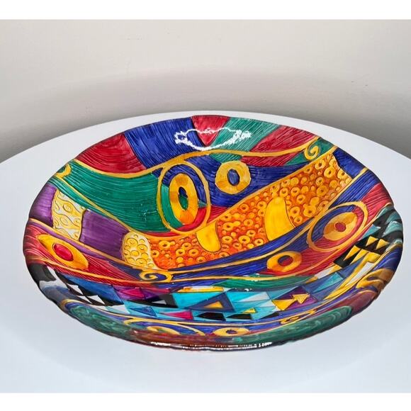 VTG Postmodern Gustav Klimt Inspired Hand Painted Art Glass Abstract Bowl - Picture 3 of 7
